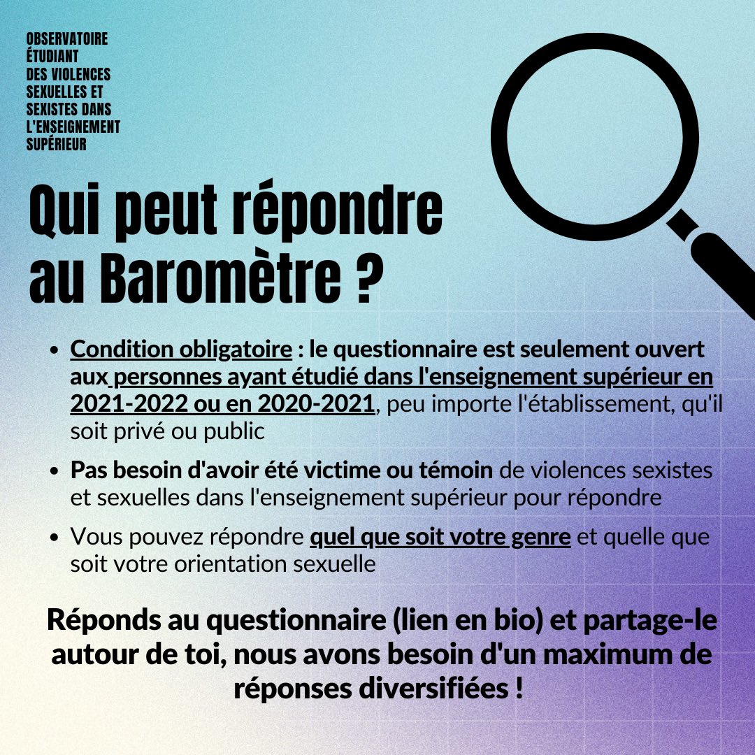 📝 À qui s’adresse notre #BaromètreVSSétudiant sur les #violencessexistesetsexuelles ?

➡️ Aux étudiant•es 2020-2021 &amp; 2021-2022 peu importe leur établissement, genre, orientation sexuelle
➡️ Pas besoin d’avoir été victime ou témoin

👉 Pour y répondre : surveyhero.com/c/97iv3ece