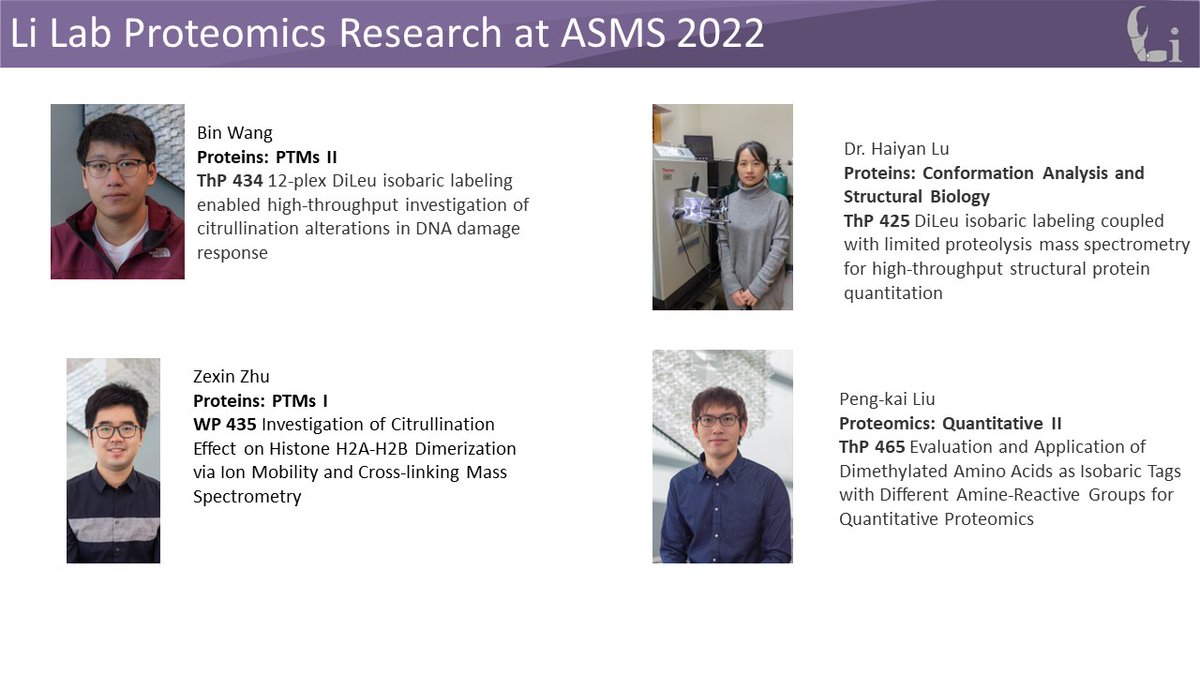 LiResearch's tweet photo. @LiResearch highlights our latest structural and quantitative proteomics work in posters presented by Bin, Zexin, Haiyan, and Peng-kai on #citrullination, #LiPMS, and new isobaric tagging tags. #ASMS2022 (9/11) https://t.co/DGhO59DKGT