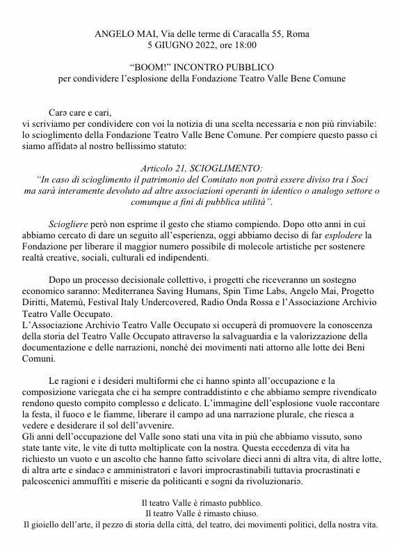 incontro pubblico 5giugno <a href="/angelo_mai/">angelo_mai</a>: Fondazione Teatro Valle Bene Comune 2014-2022