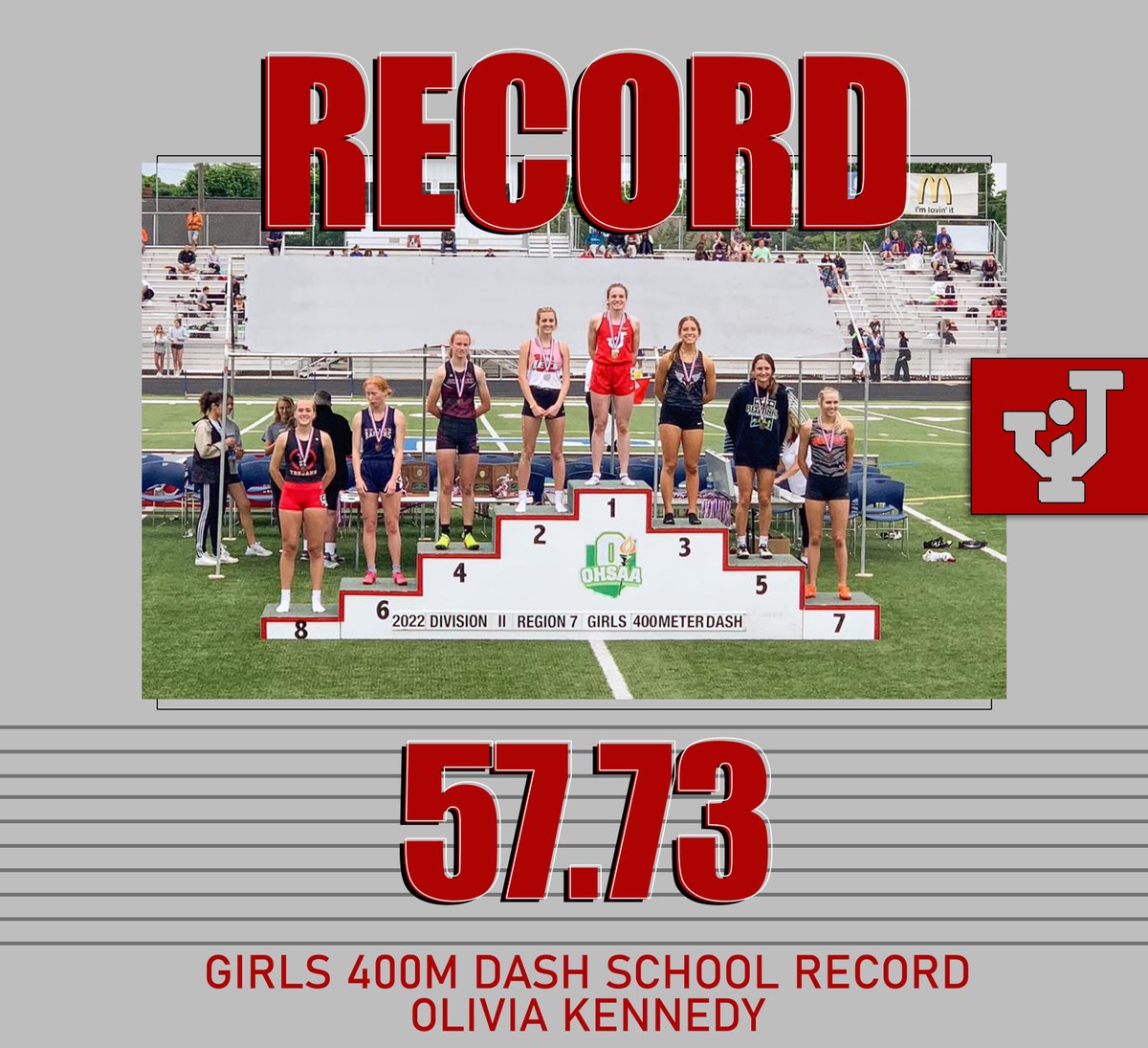 TrackJackson's tweet photo. Congratulations to Olivia Kennedy for breaking the school record in the girls 400m dash!

She will be competing tomorrow in the Division ll State Track &amp; Field Championships at 3:00pm at Ohio State. https://t.co/YJv04dqkw5