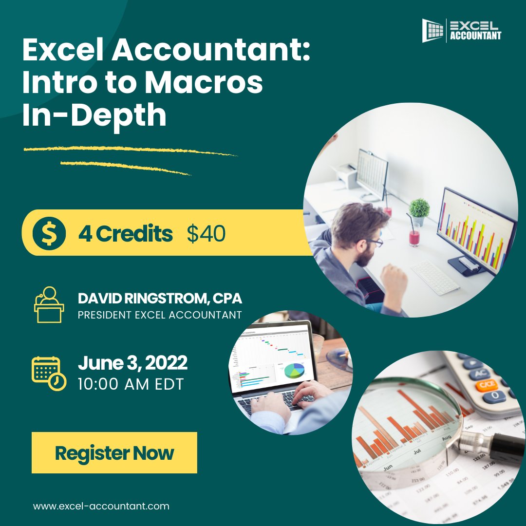 excel_account's tweet image. Join Excel expert David Ringstrom for a webinar "Excel Accountant: Intro to Macros In-Depth" where he will introduce the concept of Excel macros.
 
Register now: bit.ly/2Z4OjjX
  
#excelaccountant #excelmacros #visualbasicapplications #excelshortcut #spreadsheets #excel