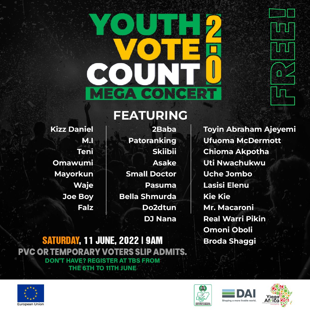 You don't want to miss this! 
Lagos here we come!!
June 11 at the Tafawa Balewa Square (TBS), Lagos Island!!!
Stay tuned by following <a href="/eu_sdgn/">EU-SDGN</a> and <a href="/yiaga/">Yiaga Africa</a> for updates.
#YouthVoteCountNG