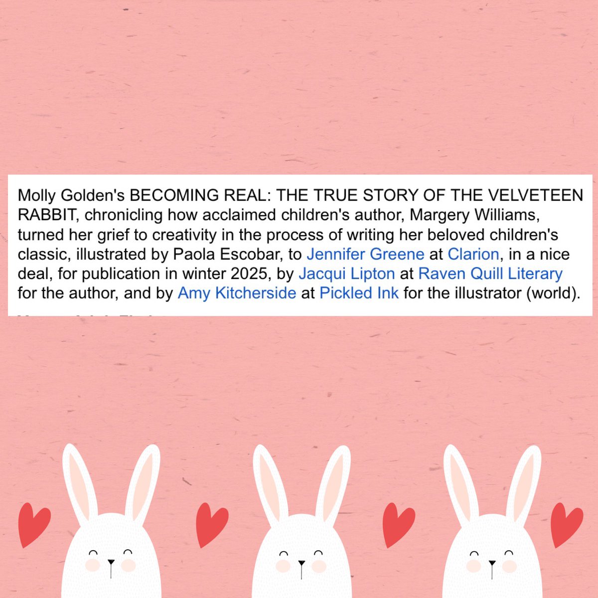 I’m thrilled to share that BECOMING REAL: THE TRUE STORY OF THE VELVETEEN RABBIT illustrated by @paolaesco8ar (!!!) will be hopping onto shelves in 2025! Thank you @Jacqui_Lipton @GenevieveVerte @ClarionBooks for believing in this story!🐰❤️ #becomingreal #thevelveteenrabbit