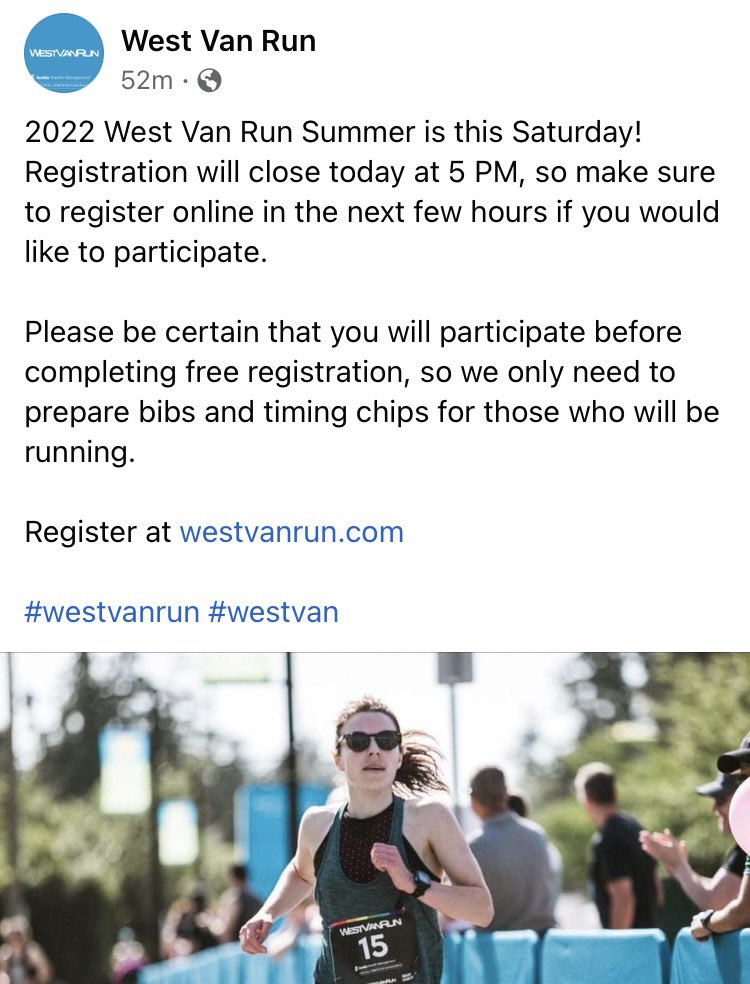 Hey, registration closes today, June 2nd at 5 PM for the FREE West Van Run SUMMER this Saturday! You can do the one miler, 5K! Kids race, too! I can pick up your bib for you! Don't miss out!
#westvanrunsummer #westvanruncrew #westvancouver #thesweatlife #5K #miler #kidsrace