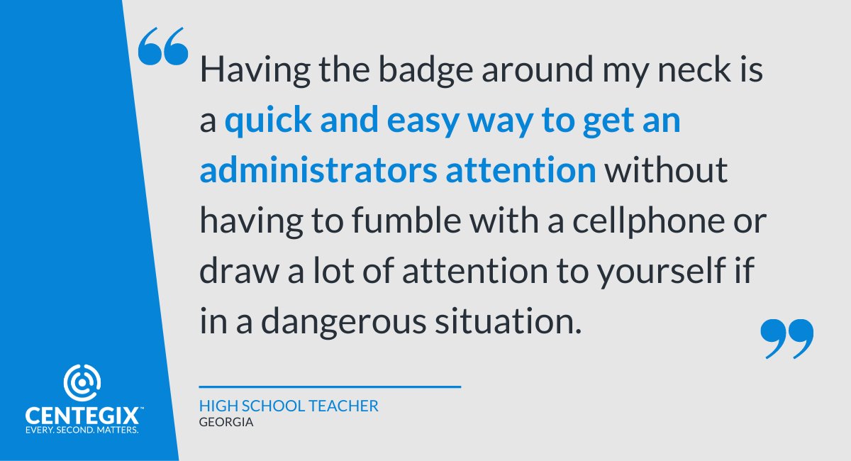 _CentegixOLD's tweet photo. CENTEGIX CrisisAlert gives teachers "a quick and easy way to get an administrators attention" with just push of a button on a wearable badge. See what teachers are saying about CrisisAlert: https://t.co/8vj0Lo6qus
#SchoolSafety #SchoolSecurity #PushButtonHelpComes https://t.co/2Bhzn235CX