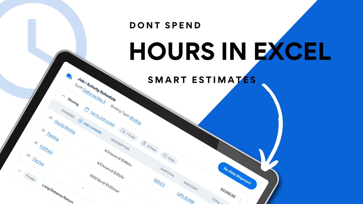 SmartMovingInc's tweet image. Don't spend hours in excel ❌ With SmartMoving you can create accurate estimates using pre-defined rules to get estimates to customers in minutes and get ahead of your competition ✅
Click here for your free demo: bit.ly/3qfwUOK
#movingcompany #software #movingestimates