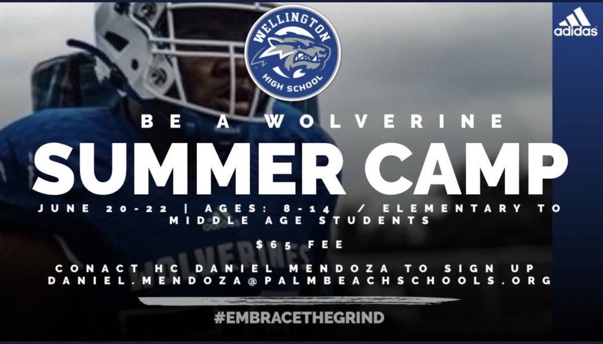 CoachMendoza13 (@coachmendoza13) on Twitter photo Attention!!!!!
Wellington High School Football will be having their first annual
Be a Wolverine Camp!!!!
June 20th- June 22
Elementary and Middle School athletes ages from 8-14
Registration Fee $65.00
To register please email daniel.mendoza@palmbeachschools.org or DM Attention!!!!!
Wellington High School Football will be having their first annual
Be a Wolverine Camp!!!!
June 20th- June 22
Elementary and Middle School athletes ages from 8-14
Registration Fee $65.00
To register please email daniel.mendoza@palmbeachschools.org or DM