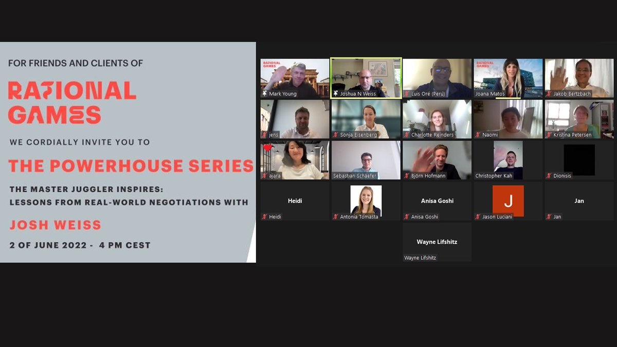 LuisOre_INA's tweet photo. Thank you to #RationalGames for organizing this great "Lesson from Real World Negotiation with #JoshuaWeiss  great stories that add great value to our negotiation pedagogy practice. For the ones who want to read his Josh´s book https://t.co/STRq4urr8e https://t.co/WO2vJE8p1D