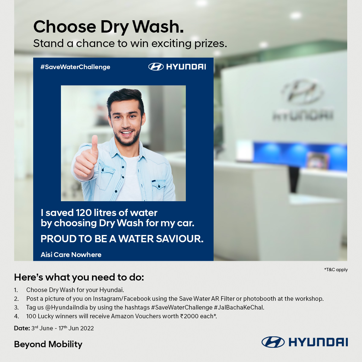 HyundaiIndia's tweet photo. Take a step towards sustainability by choosing Dry Wash for your Hyundai Car. Participate in our #SaveWaterChallenge.
To know more, click here: https://t.co/23maf4eKi7
*T&amp;C Apply

​​#Hyundai #HyundaiIndia #Drywash #JalBachaKeChal #BeyondMobility #AisiCareNowhere https://t.co/FWzmlNjsq4