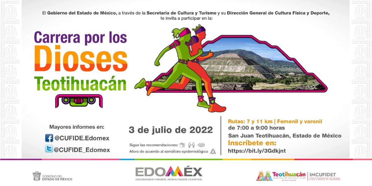 CulturaEdomex's tweet photo. Hay carreras en todo el mundo 🌎, pero sólo una ha sido digna de ser presenciada por los dioses. 🙇
Te invitamos a participar en la #CarreraPorLosDioses 🏃#Teotihuacán 🛕, el próximo domingo 3 de julio de 2022.
Inscripciones y detalles 👇
https://t.co/IKbCNo4jGx
¡Te esperamos! https://t.co/fQaIoJTPHq