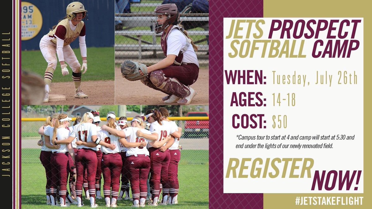 Summer Prospect Camp 
This camp is for high school athletes interested in attending Jackson College

When: Tuesday, July 26th 
Cost: $50
Age: 14+

Camp will finish up under the lights on the newly renovated field. 

Register here -> forms.gle/Wo7SCntG1UgFrP…