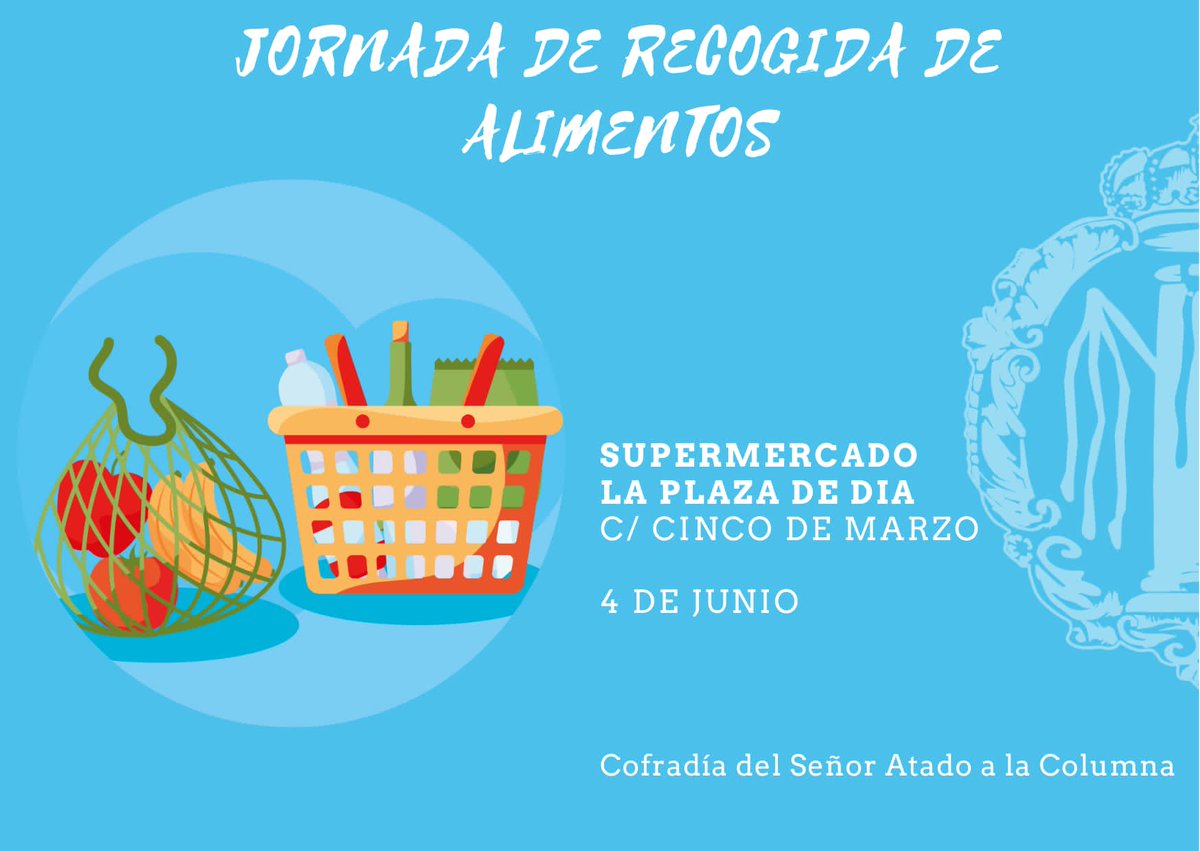Recogida de alimentos

4️⃣ de Junio
📌 Supermercado La Plaza de Día
C/ Cinco de marzo

🤝Si quieres colaborar como voluntario ponte en contacto con la cofradía 

<a href="/ssantazaragoza/">Junta Coordinadora de Cofradías Zaragoza</a> 
<a href="/iglesiaenaragon/">Iglesia en Aragón</a>