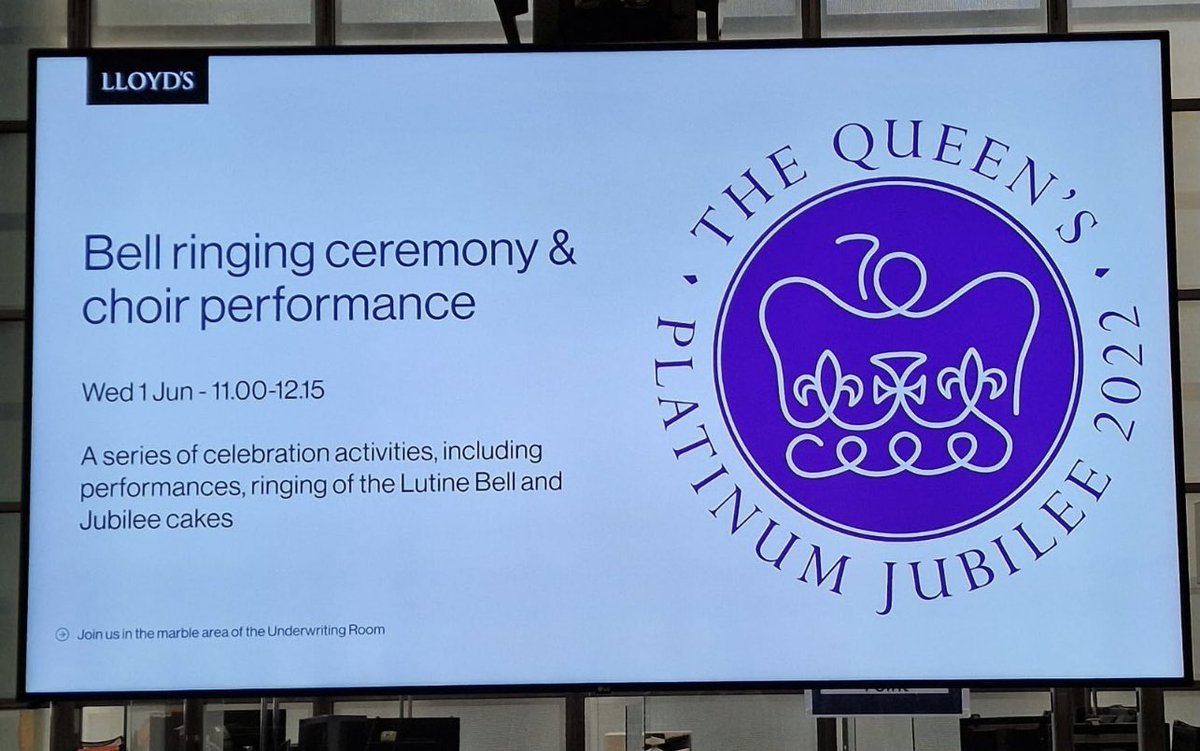 LimeStreetGuide's tweet photo. @LloydsofLondon joined the Jubilee festivities with a ceremony where Lloyd’s Chairman celebrated Lloyd’s bond with the Queen, detailing her 3 visits; in 1952, 1986 and  2014. The ceremony was topped by ringing the Lutine Bell followed by delicious Jubilee cake! #PlatinumJubilee https://t.co/8NRVh38ZLb