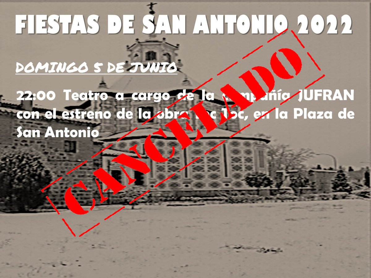Por causas de fuerza mayor queda cancelado el teatro que se iba a celebrar este domingo dentro del programa de fiestas de San Antonio 2022..
Esperemos que para 2023 podamos volver a contar con vosotros!!!