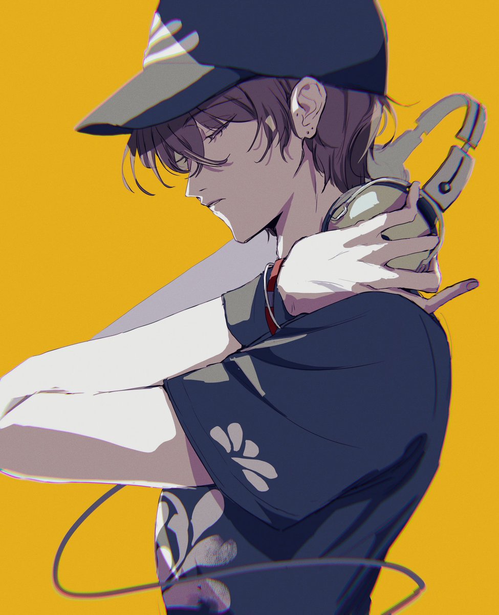 hat 1boy male focus solo headphones jewelry yellow background  illustration images