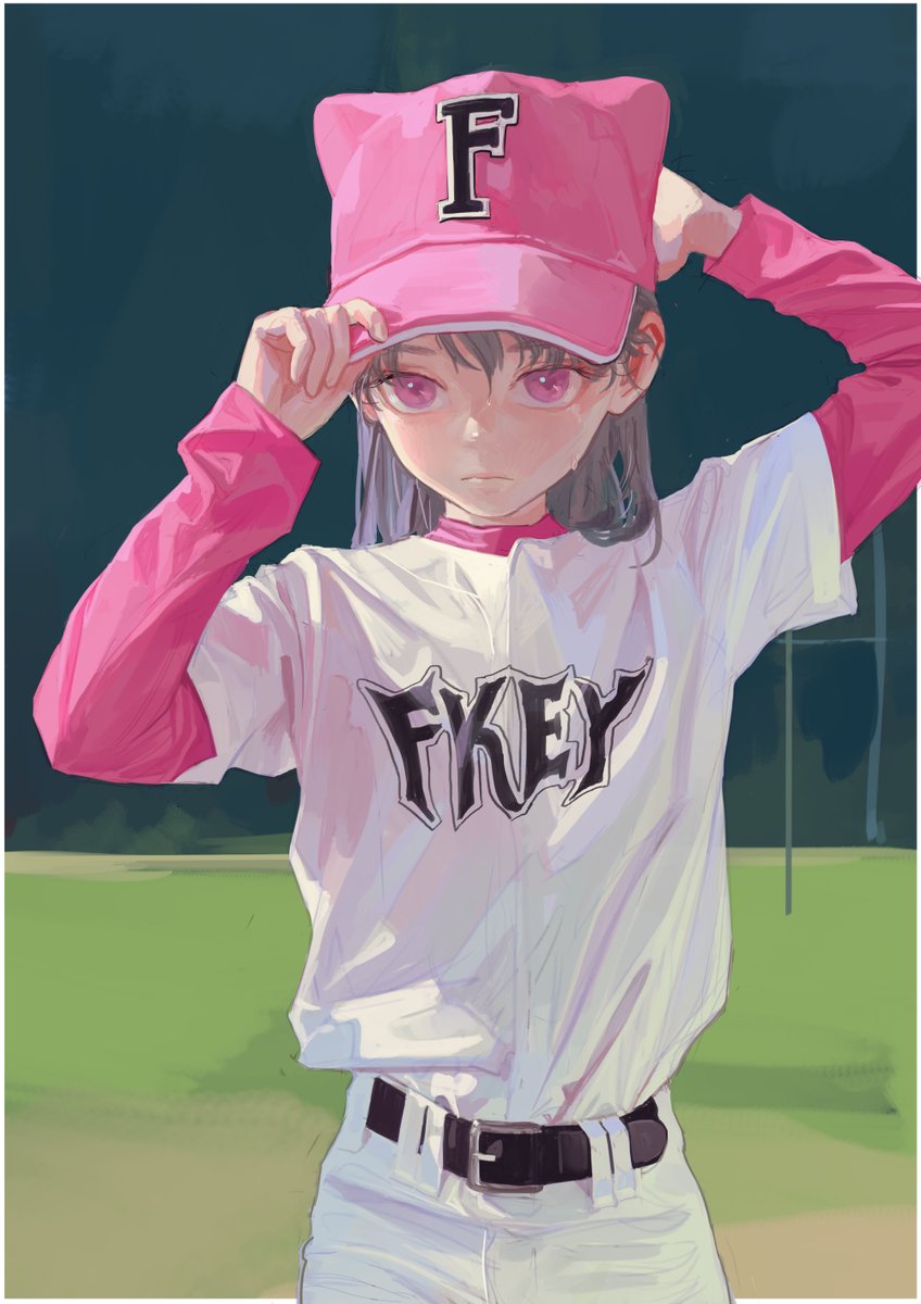 1girl hat solo baseball uniform sportswear white pants pink eyes  illustration images