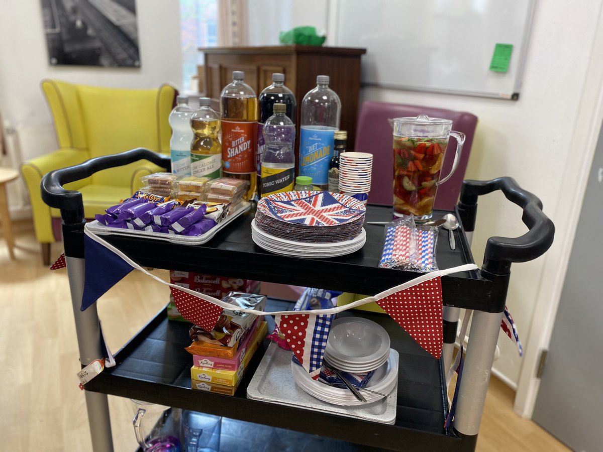EmmaJB1985's tweet photo. Today we have been celebrating the #Queensjubilee - not quite our usual style, but the (pretend!) Pimm’s went down well anyway! #dementiacare #extranutrition #snackfood #oldfashioneddrinks #careoftheelderly @DrTWilliamson @erinhumphreys13 @Rebecca87764812 #teammorris https://t.co/EI3p9RYkss
