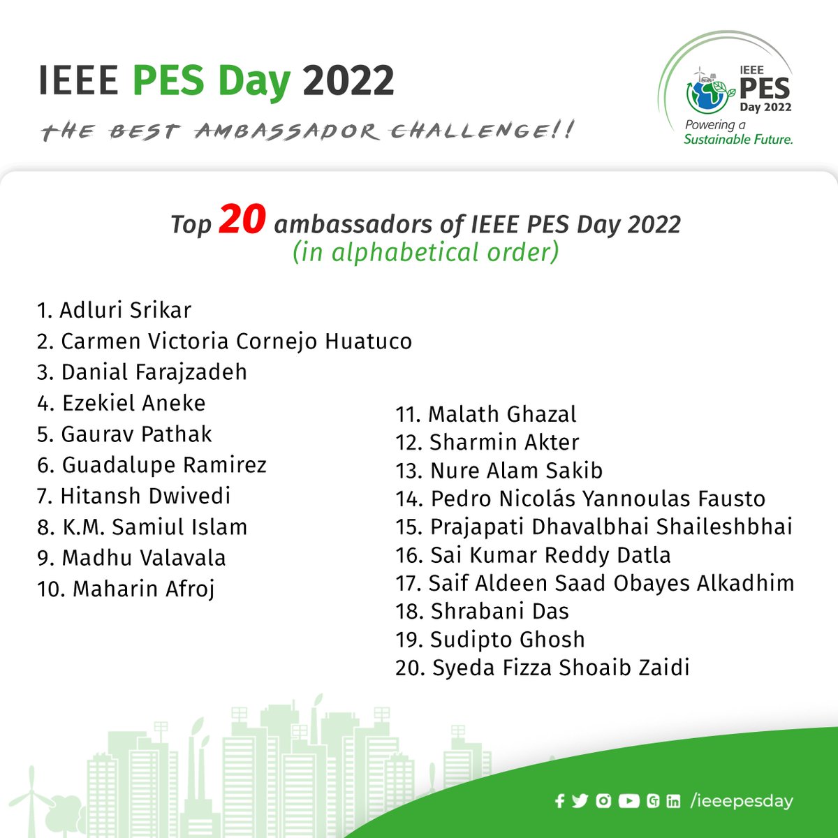 ieeepesday's tweet image. First of all, congratulations to all the ambassadors of IEEE PES DAY 2022, for all your efforts and successful completion of your events.

We are pleased to announce the names of the Best 20 ambassadors of PES Day 2022. We know the road was long and hard to achieve your goal.