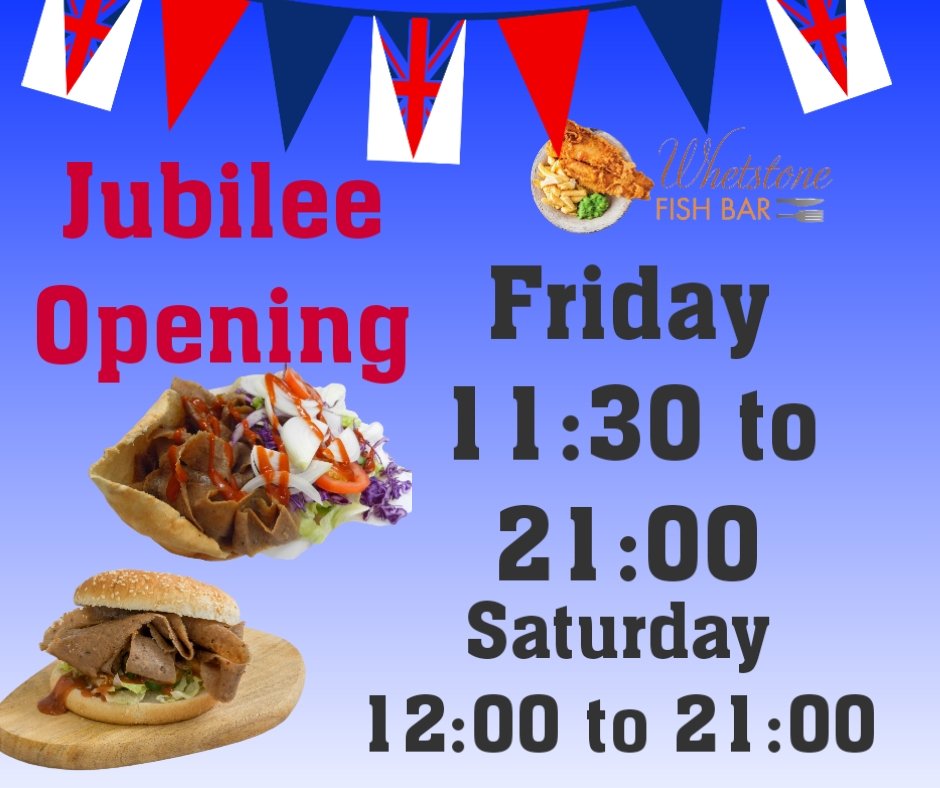 We're open all day Friday and Saturday to serve customers who is celebrating 👑 Queens Jubilee 👑

Online ordering 📲 will be available as normal

Phone orders welcomed ☎️ 
0116 284 9585 

Delivery service available with #Ubereats 

May 👪 everyone enjoy celebrating
