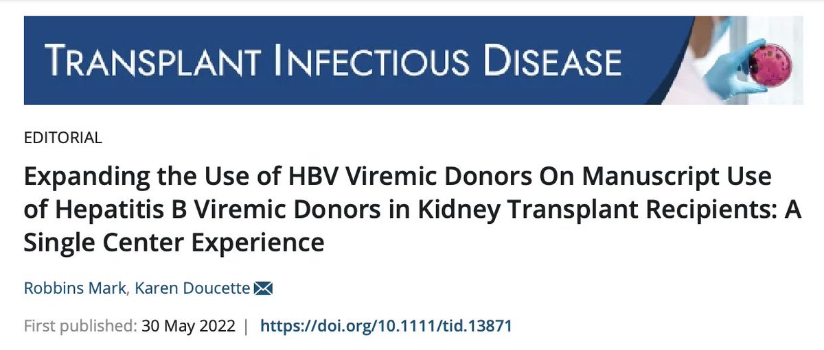 UofA Infectious Diseases (@uofa_id) on Twitter photo Editorial in <a href="/TheTxIDjournal/">TransplantID Journal</a> from fledged <a href="/UofA_ID/">UofA Infectious Diseases</a> TxID fellow Dr Mark Robbins & Dr Karen Doucette <a href="/doucette_ked1/">Karen Doucette</a>
Expanding the Use of HBV Viremic Donors
onlinelibrary.wiley.com/doi/10.1111/ti… Editorial in <a href="/TheTxIDjournal/">TransplantID Journal</a> from fledged <a href="/UofA_ID/">UofA Infectious Diseases</a> TxID fellow Dr Mark Robbins & Dr Karen Doucette <a href="/doucette_ked1/">Karen Doucette</a>
Expanding the Use of HBV Viremic Donors
onlinelibrary.wiley.com/doi/10.1111/ti…