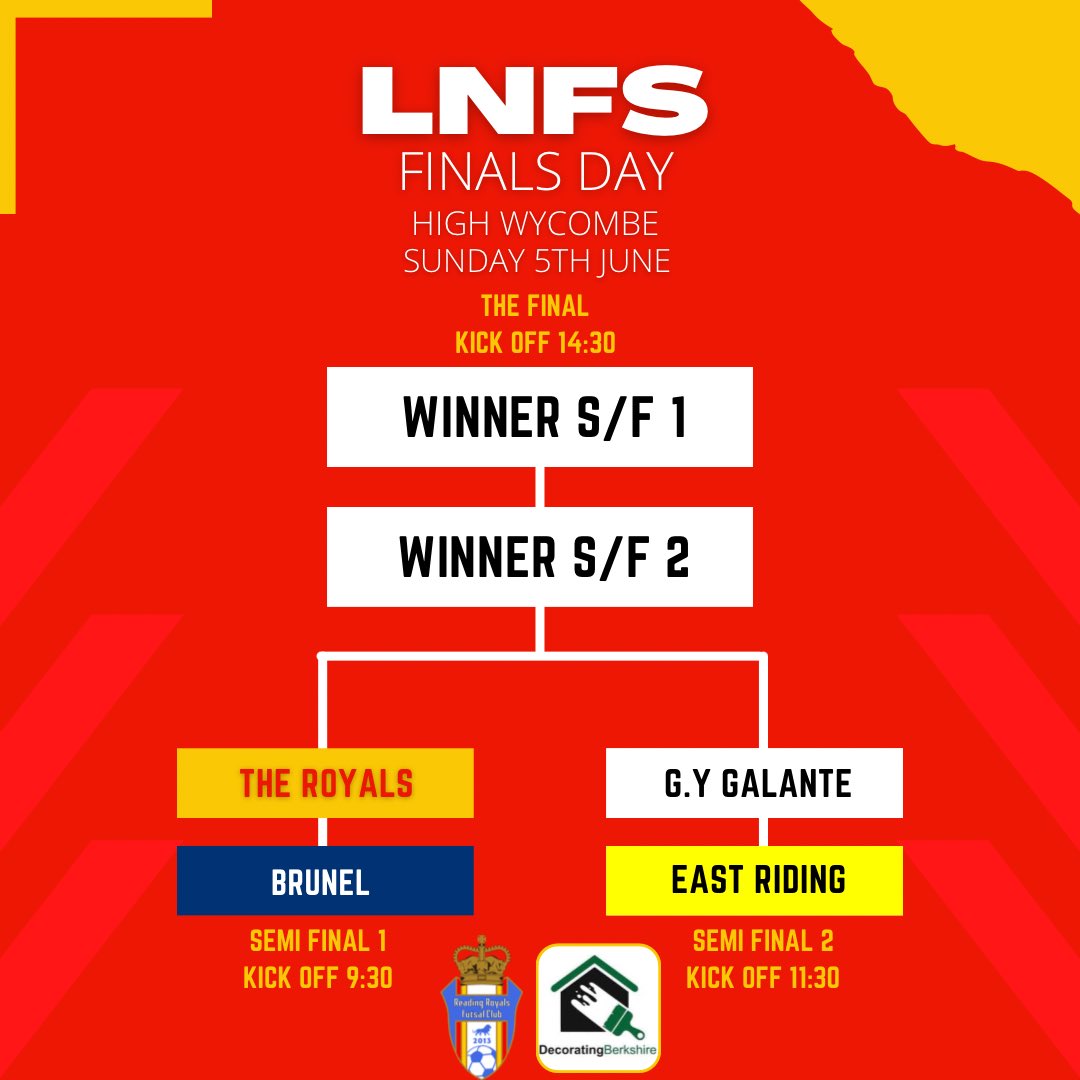 LNFS Finals Day

This Sunday the @LNFSengland brings you the Final 4️⃣ 

Semi Final 1
The Royals vs @BrunelFutsalPro 

Semi Final 2
<a href="/GyFutsal/">GY Galante United Futsal Club</a> vs <a href="/ERFutsalClub/">East Riding Futsal Club</a> 

#VamosRoyals