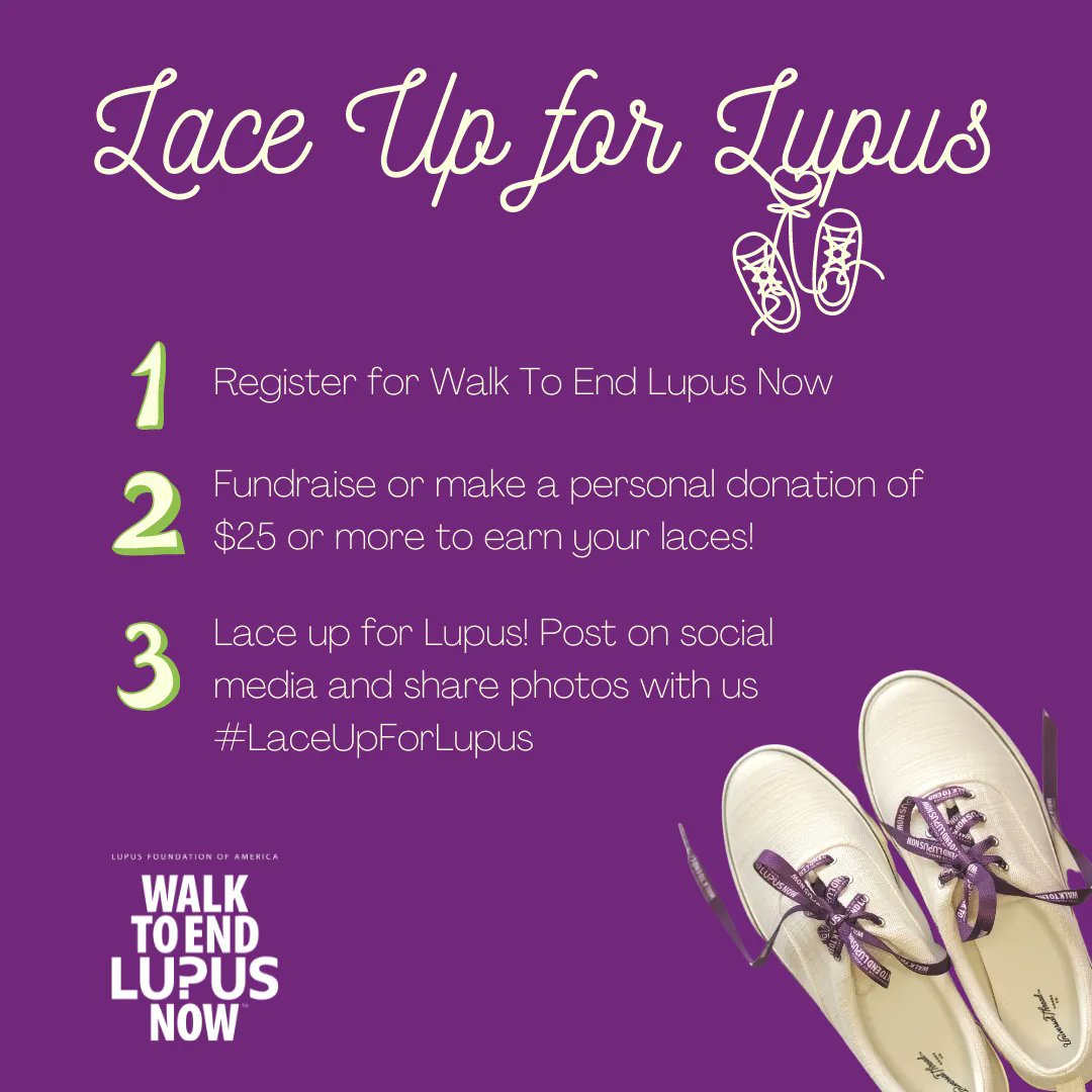 LupusOrgSoCal's tweet photo. Register for the Walk To End Lupus Now AND raise $25 or more to receive purple shoelaces (while supplies last).  Sign-up now: https://t.co/jHMkAJ0OUP https://t.co/WCD9PzMccU