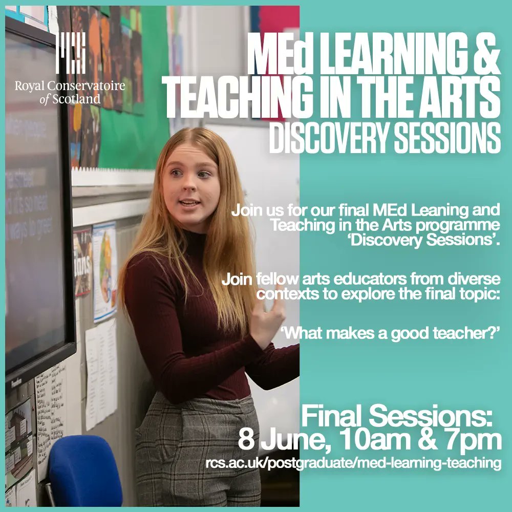 What makes a good teacher? The final MEd in Learning and Teaching in the Arts #DiscoverySessions explores this next week. These free sessions aim to give attendees a deeper look into what it's like to study on this unique programme.
📅June 8, 10am & 7pm
🔗rcs.ac.uk/postgraduate/m…