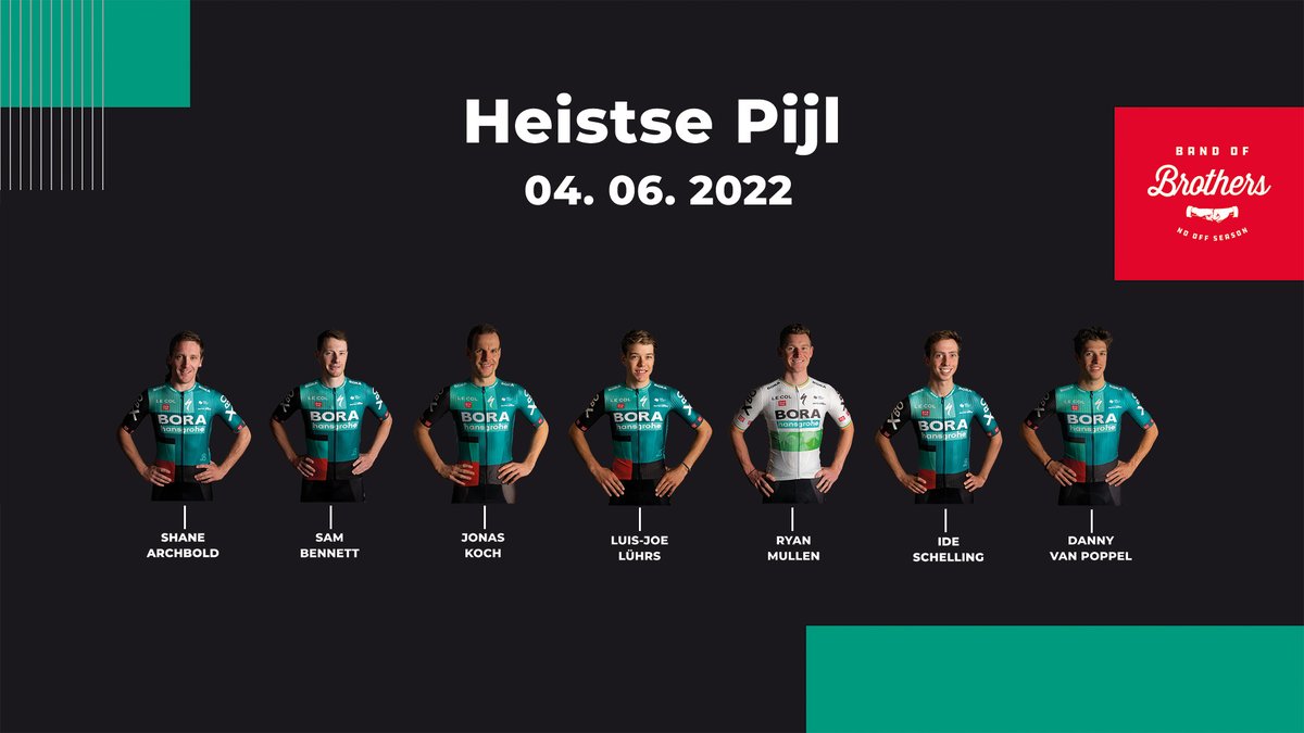 Red Bull – BORA – hansgrohe (@rbh_procycling) on Twitter photo 🇧🇪 ##Heistsepijl
Here is our line-up for <a href="/HeistsePijl/">Heylen Vastgoed Heistse Pijl</a> this Saturday:
👉 <a href="/Theflyingmullet/">Shane Archbold</a>
👉 <a href="/Sammmy_Be/">Sam Bennett</a>
👉 <a href="/jonaskoch3/">Jonas Koch</a>
👉 Luis-Joe Lührs
👉 <a href="/ryanmullen9/">Ryan Mullen</a>
👉 <a href="/IdeSchelling/">Ide Schelling</a>
👉 <a href="/Dannyvanpoppel/">Danny Van Poppel</a> 🇧🇪 ##Heistsepijl
Here is our line-up for <a href="/HeistsePijl/">Heylen Vastgoed Heistse Pijl</a> this Saturday:
👉 <a href="/Theflyingmullet/">Shane Archbold</a>
👉 <a href="/Sammmy_Be/">Sam Bennett</a>
👉 <a href="/jonaskoch3/">Jonas Koch</a>
👉 Luis-Joe Lührs
👉 <a href="/ryanmullen9/">Ryan Mullen</a>
👉 <a href="/IdeSchelling/">Ide Schelling</a>
👉 <a href="/Dannyvanpoppel/">Danny Van Poppel</a>