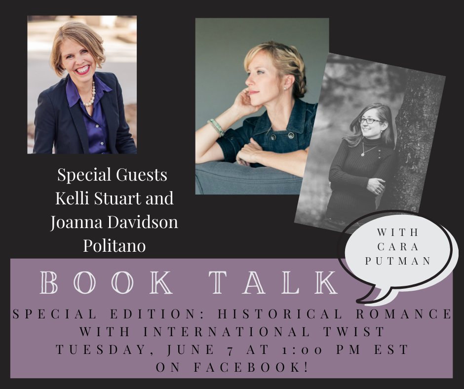 Cara Putman, Author & Professor (@cara_putman) on Twitter photo Coming on Tuesday, June 7th, a special international historical romance edition of Book Talk with my friends <a href="/politano_joanna/">Joanna Politano</a> and <a href="/kellistuart/">Kelli Stuart</a> -- join us as we talk about their latest books (excellent!) and writing. #amreading #booktalkwithcara Coming on Tuesday, June 7th, a special international historical romance edition of Book Talk with my friends <a href="/politano_joanna/">Joanna Politano</a> and <a href="/kellistuart/">Kelli Stuart</a> -- join us as we talk about their latest books (excellent!) and writing. #amreading #booktalkwithcara
