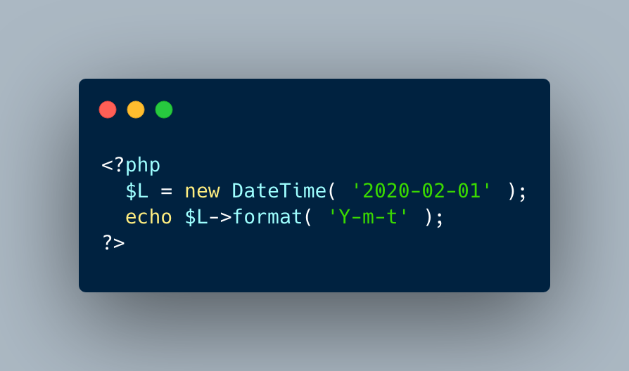 I was today's old when I learned that 't' option gives the number of days in a month, when formatting the date. 

Convenient to get the LAST day of the month

#phptip #phptrick 

Thanks to <a href="/delft_stack/">DelftStack</a> !