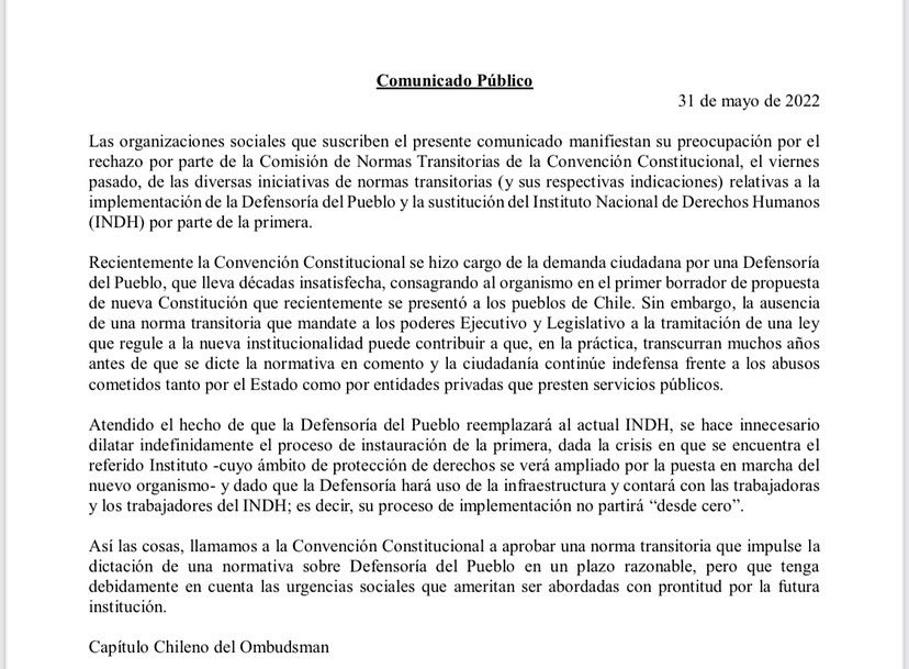 ColmediaChile's tweet photo. Adherimos al comunicado por la creación de la Defensoria dentro de un plazo concreto. Es una institución relevante y necesaria para la transparencia y defensa de los DDHH. https://t.co/b45KVpGlc8