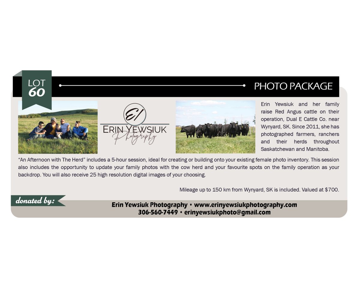 Feature Lot: 60, Donated by Erin Yewsiuk Photography. Building the Legacy 10, the #canadianangusfoundation annual fundraiser, is June 11, 8pm ADT, Moncton, NB &amp; online @ DLMS. Angus genetics/services/items/experiences. issuu.com/canadianangusa… #cdnangus