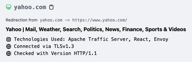 doneoio's tweet photo. Ever wonder what tech stack a website is using? 

Use Doneo's spot checker and find out! 🕵️‍♀️

For instance, what's @Yahoo up to these days? 

#reactjs #Apache #webdevelopment #DevOps https://t.co/lnLzLY67oR
