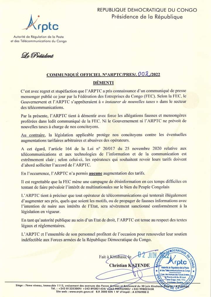 StanysBujakera's tweet photo. #RDC: l'ARPTC précise qu'elle n'a pas prévue d'instaurer de nouvelles taxes dans le secteur des télécommunications contrairement au communiqué de la FEC https://t.co/IEfVKHGS7v