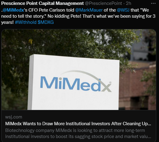 TradingPlacesII's tweet photo. @MiMedx Cash Burn Carlson is tone deaf and clueless in describing retail as a nuisance when there has been huge churn in tutes/whales. Okumus, Group 1, Wace, MAK, RTW, Rick Barry, etc... Never dawned on him to own the $MDXG failures &amp; plunging price = lack of investor interest. https://t.co/D8Z6OmADOp