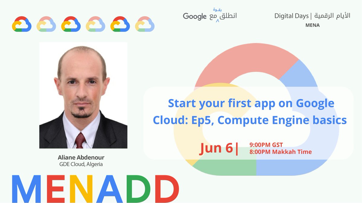 In a new episode of the #cloudcomputing series, we will learn about the Infrastructure as a Service with the expert <a href="/alabdelouahab/">ALIANE Abdelouahab</a>.
Watch the session "Start your first app on Google Cloud: Ep5, Compute Engine basics" tonight at 9PM Dubai time live:
youtu.be/wuRdMf7sh9w
#MENADD