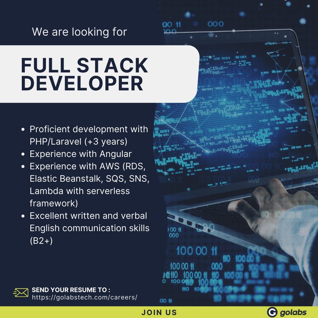 For all Full Stack Developers out there, Golabs is looking for you!🚀
Send your resume here: jobs@golabstech.com
#Hiring #PHP #Angular