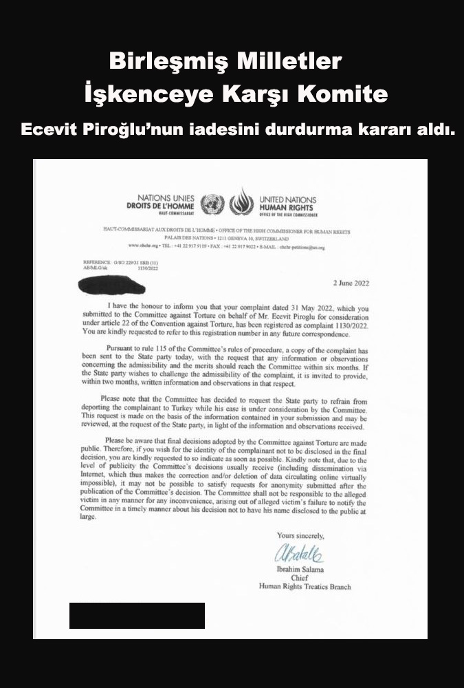 Birleşmiş Milletler İşkenceye Karşı Komite, Sırbistan Cumhuriyeti Hükümeti'ne Ecevit Piroğlu'nun davası devam ederken iade etmeyeceğini belirten geçici tedbirler yayınladı.