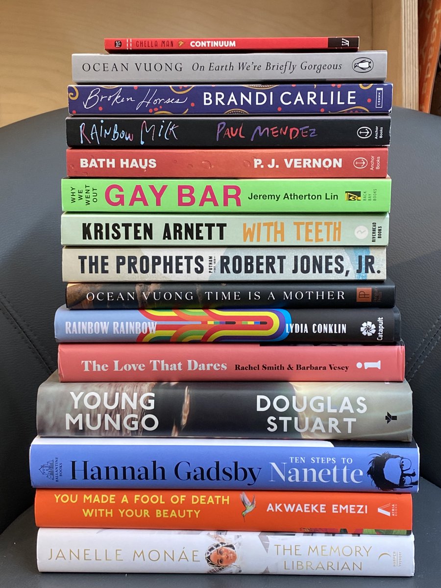 POWERHOUSEatIC's tweet photo. Celebrate Pride Month with these great reads from some of our favorite Queer Authors!
#timeisamother #brokenhorses #rainbowmilk #bathhaus #gaybar #withteeth #theprophets #rainbowrainbow #youngmungo #tenstepstonanette #youmadeafoolofdeathwithyourbeauty #thememorylibrarian #Pride https://t.co/Fe5ofiUKKg