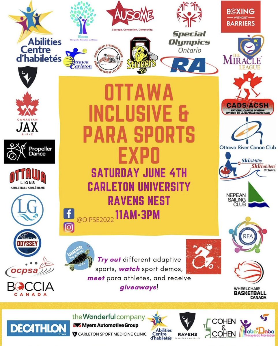 @JimWatsonOttawa @MathieuFleury Ottawa Inclusive & Para Sport Expo this weekend @CarletonU. The community can learn more about #inclusion and #parasport. #returntoplay safely and encourage those with and without disabilities to get involved! 🤸♿🧑‍🦽🏀⚾⚽🎳🎾