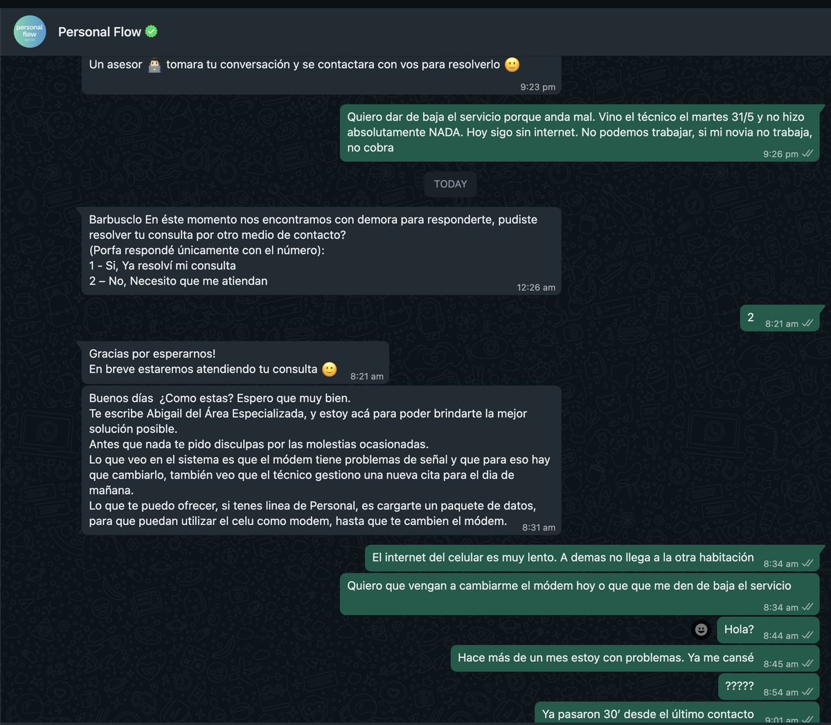 pablol_lol's tweet photo. @PersonalAr el servicio insufrible, capitulo 3: Como no me pueden solucionar nada, decidi pedir la baja del servicio. 8:34 fue el primer mensaje que mande yo. Ya son 13:25 https://t.co/XwU9WBF0wY