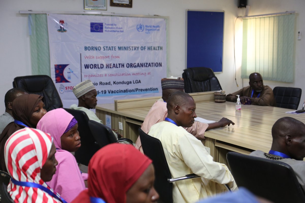 WHONigeria's tweet photo. @WHONIgeria with support from the European Union @eu_echo #EU supports the @BornoGovt to train 44 community mobilizers to create awareness on #COVID19 prevention &amp; increase #COVID19  vaccination uptake amongst populations. https://t.co/b371hL0vVp