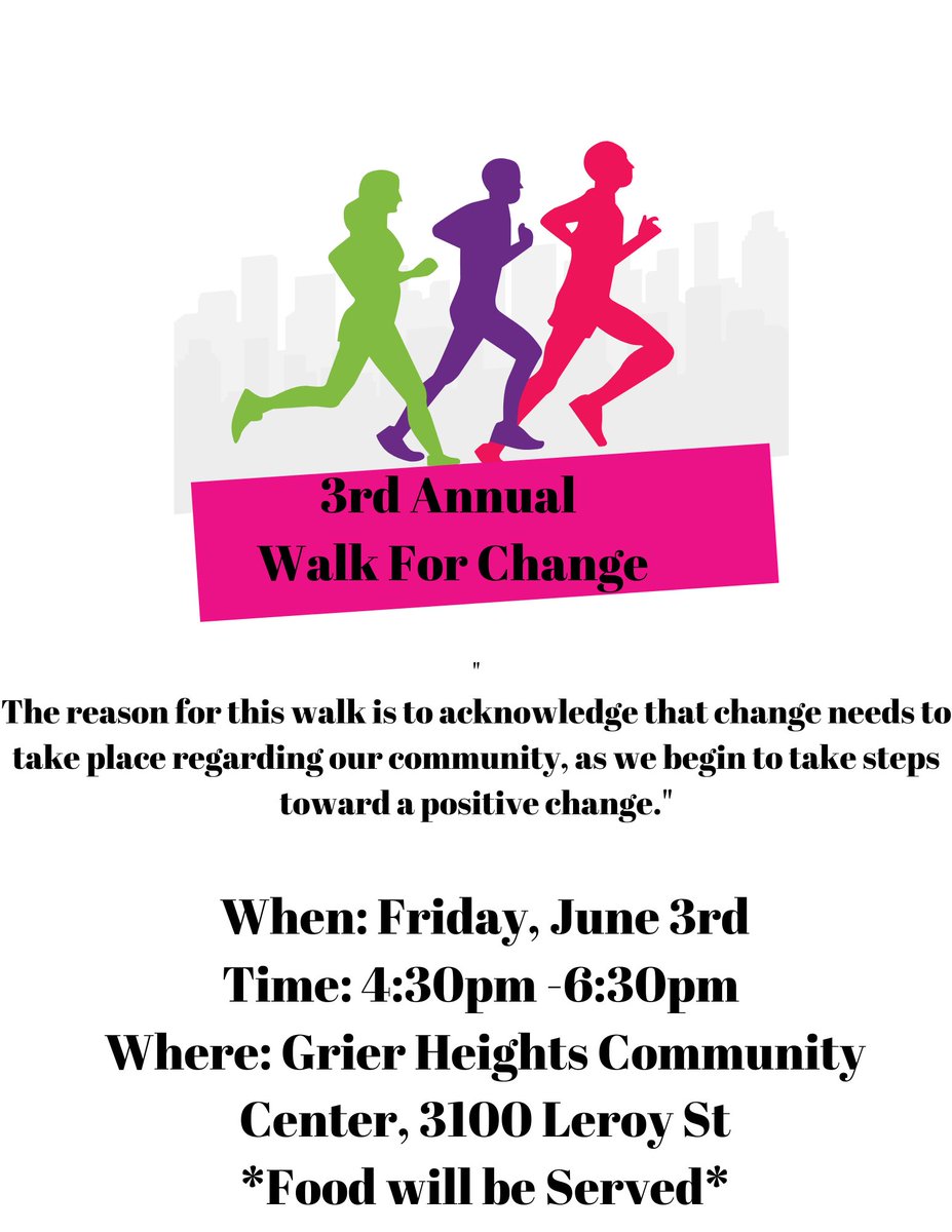 Join us for the 3rd Annual Walk for Change. We walk to acknowledge that change needs to take place in our community. We walk for a better tomorrow! We walk to take steps towards positive change. Come walk with us! Friday June 3rd at 4:30pm