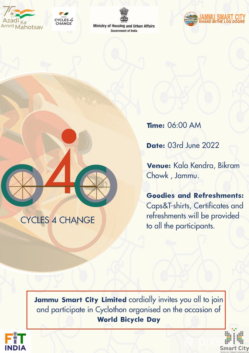 Jammu_SmartCity's tweet photo. #cycleforjammu
#Jammu people get ready to hit the road tomorrow.
#JoinUs to celebrate World Bicycle Day & 2 years of India #Cycles4Changechallenge with us.@Rameshkumarias @AvnyLavasa @CMGuptaOfficial @yaduvanshirahul @Hitesh_jammu
#FitIndiaFreedomRider
#Cycling4India https://t.co/3HFVueAdrR