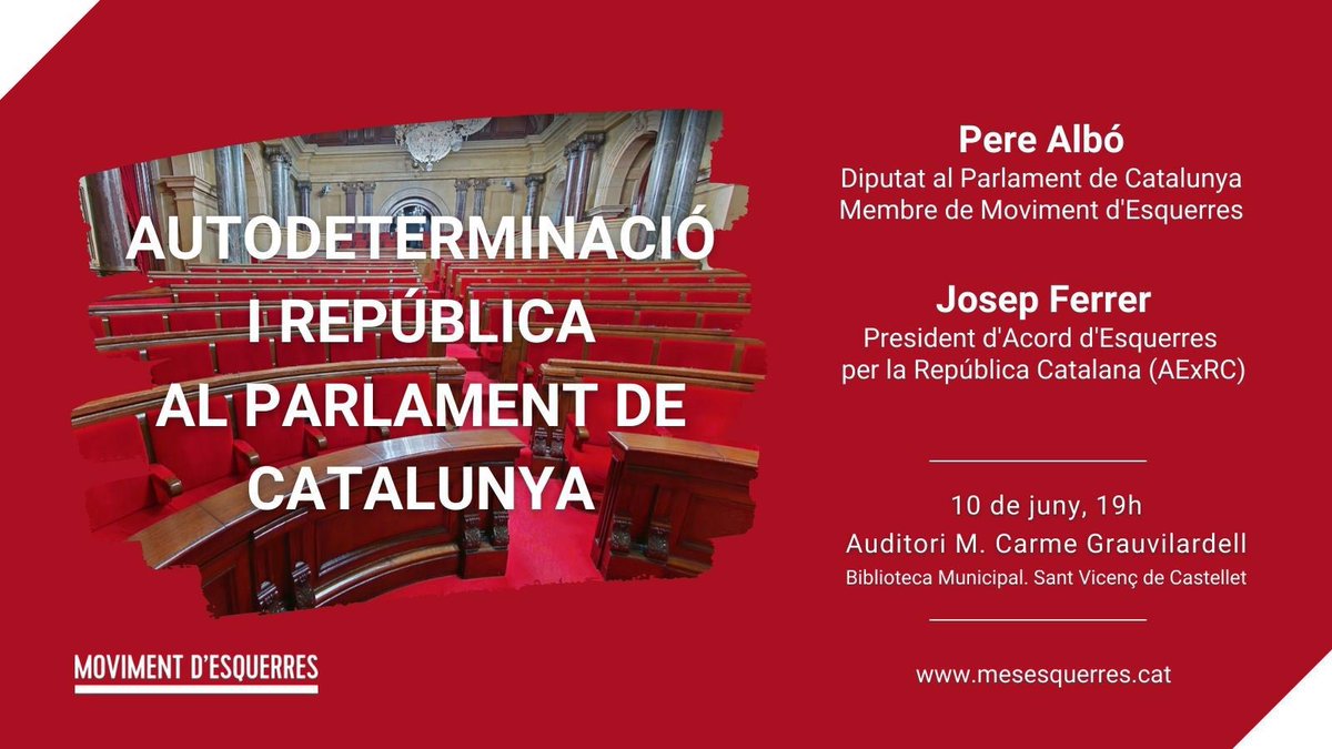 BagesMes's tweet photo. Us convidem a conferència-debat Autodeterminació i República al Parlament de Catalunya, 10/06/22 19h St. Vicenç de Castellet - Presentació Moviment d'Esquerres St. Vicenç - amb Josep Ferrer @acordesquerres i Pere Albó @MovEsquerres #MESMunicipalisme #MESRepública https://t.co/GaUg3cRZJ6