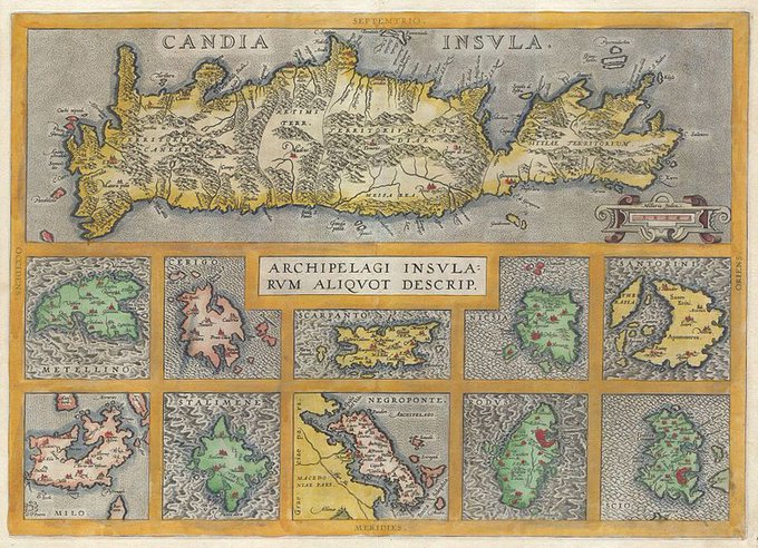 There are people who find islands somehow irresistible. 

The mere knowledge that they are on an island, a little world surrounded by the sea, fills them with an indescribable intoxication.

— Lawrence Durrell, on Islomanes &amp; Islomania

Ortelius (1584)