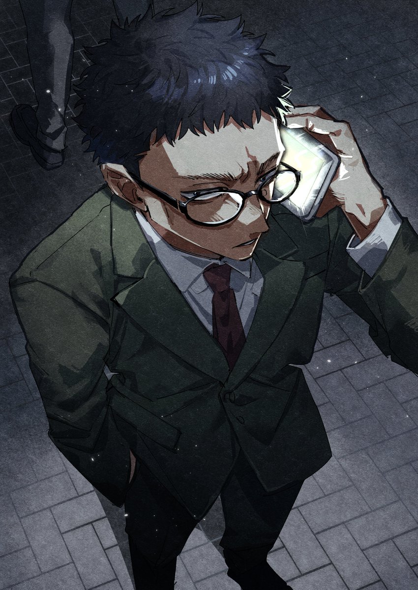 necktie male focus phone glasses holding phone black hair formal  illustration images