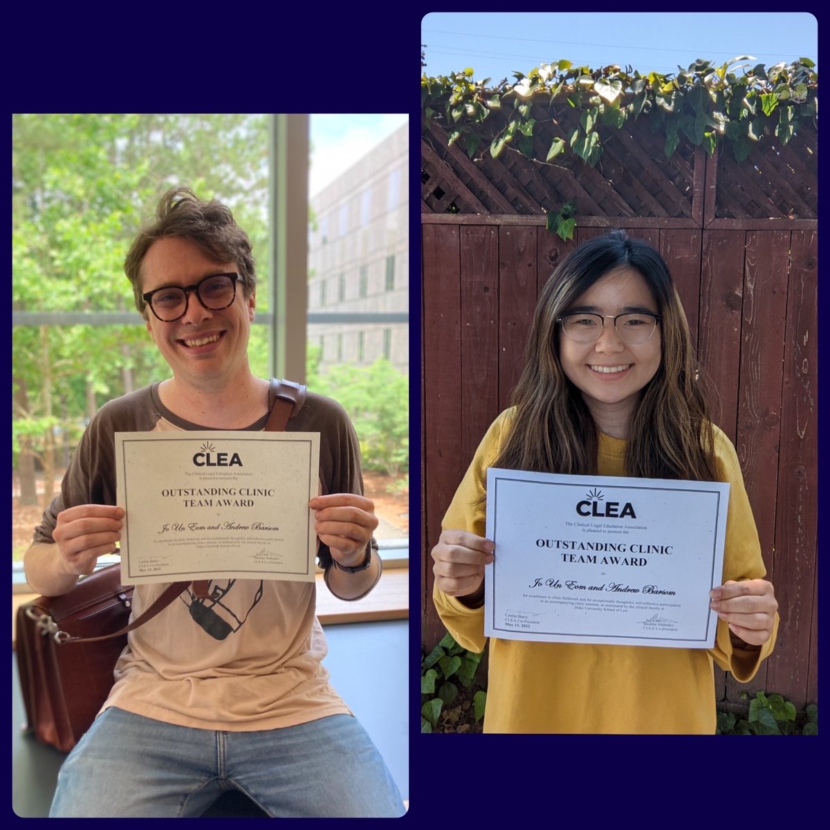 Congratulations to our amazing students, Jo Un Eom ’22 &amp; Andrew Barsom ’22! They are the <a href="/DukeLaw/">Duke Law</a> recipients of the <a href="/CLEAweb/">CLEA</a> Outstanding Clinic Team Award for their work helping children and families in the Children's Law Clinic.