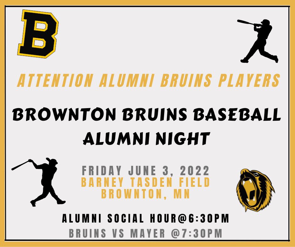 brownton_bruins's tweet photo. JUST OVER 24 HOURS UNTIL ALUMNI NIGHT!
Brownton Bruins Alumni, please join us Friday June 3rd at 6:30pm for a pre-game social hour prior to the 7:30pm Bruins vs Mayer.
#browntonminnesota #browntonbruins #mntownball #onlyinmn #mymn #bruinsbaseball https://t.co/SXXILGiVaf