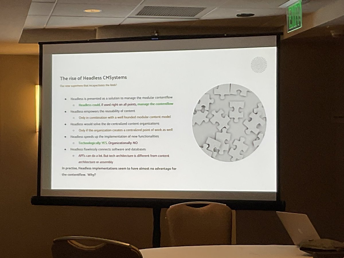 BuddyScalera's tweet photo. Tim Hanse of @CrossphaseNL speaking about the challenges of #componentcontent in headless systems at #contenttech.
#cmworld #contentmarketing #martech https://t.co/gOitVkyfVC